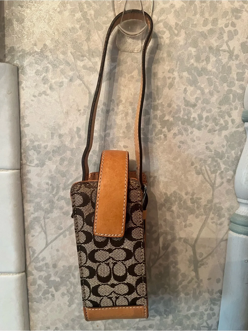 Vintage Coach Brown Signature Mini Crossbody Phone Pouch with Tan Trim